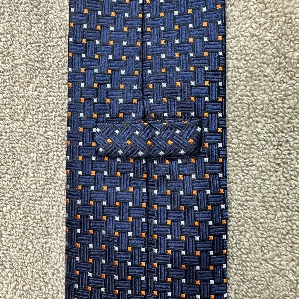 Tino Cosma Navy Blue Orange Geometric Basketweave Silk Tie Made in Italy